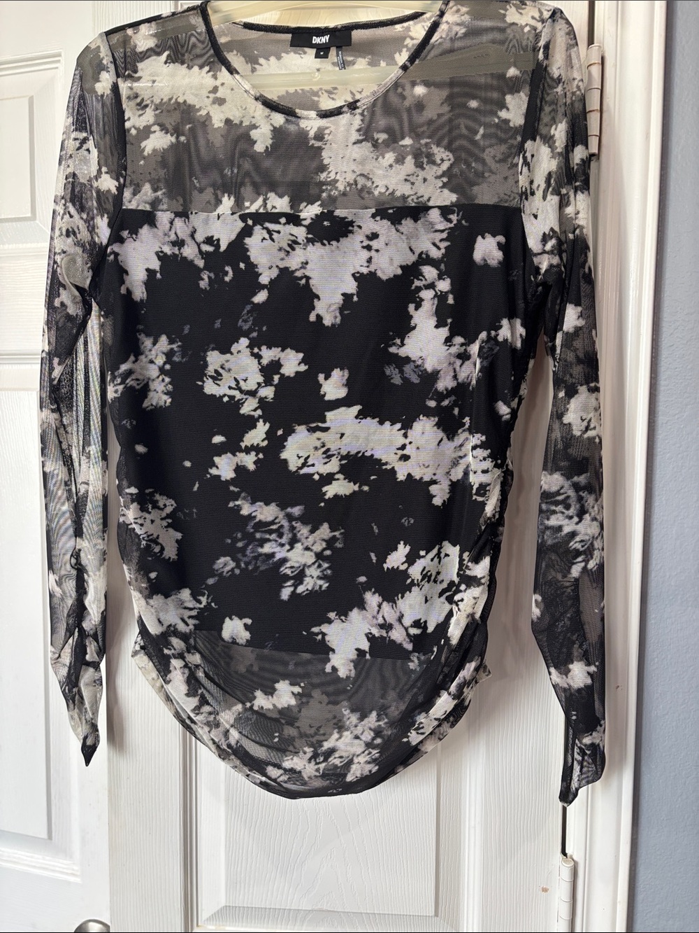 DKNY Black and White Sheer Tie-dye Mesh Long-Sleeve Top with liner